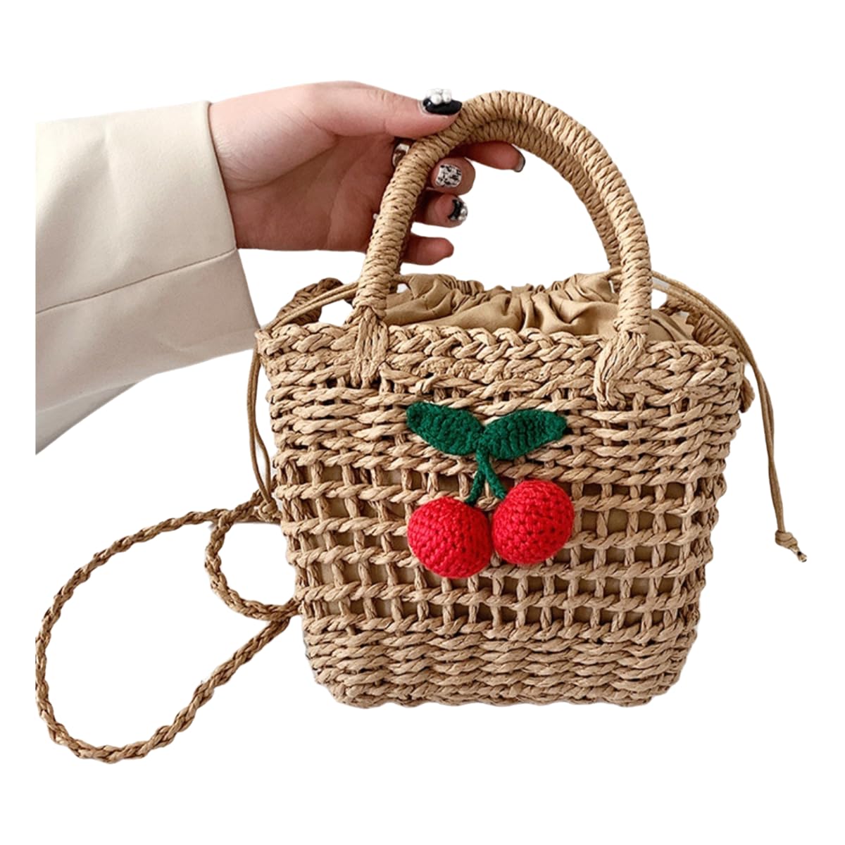 Strohtasche Damen Stroh Und Rattan Lagerkorb Crossbody Tasche, Handgefertigte Strohkorb, Strand Schultertasche-Khaki