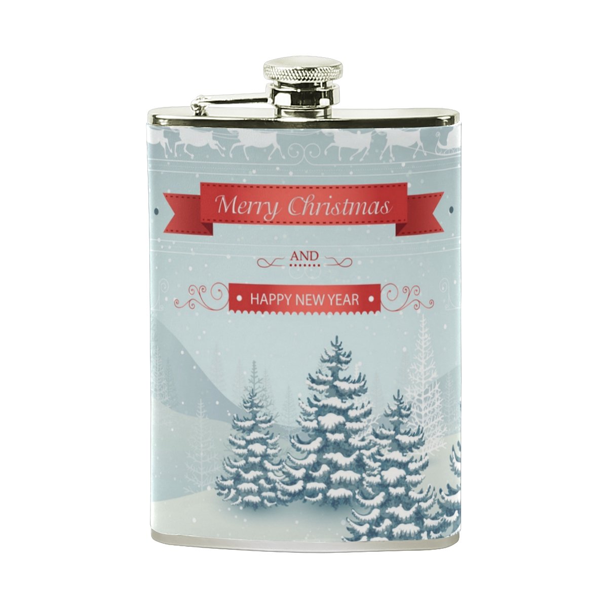 U LIFE Happy Winter Christmas Tree Snow Hip Flask Portable Mini Liquor Alcohol Spirits Flasks Bottles Stainless Steel Leather 8 oz