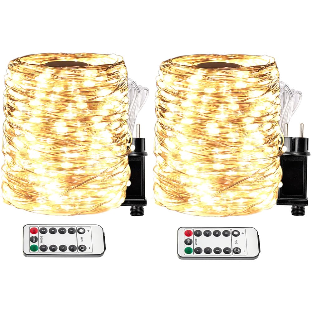 30m Plug in Guirlande lumineuse Blanc Chaud 300 LED Guirlande lumineuse d'intérieur en cuivre avec télécommande pour arbre de Noël, terrasse, jardin, porche, fête de mariage (lot de 2)