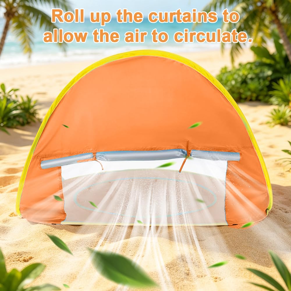 Tenda da Spiaggia Bambini Pop Up con Mini Piscina Protezione UV UPF 50+ Portatile Arancione