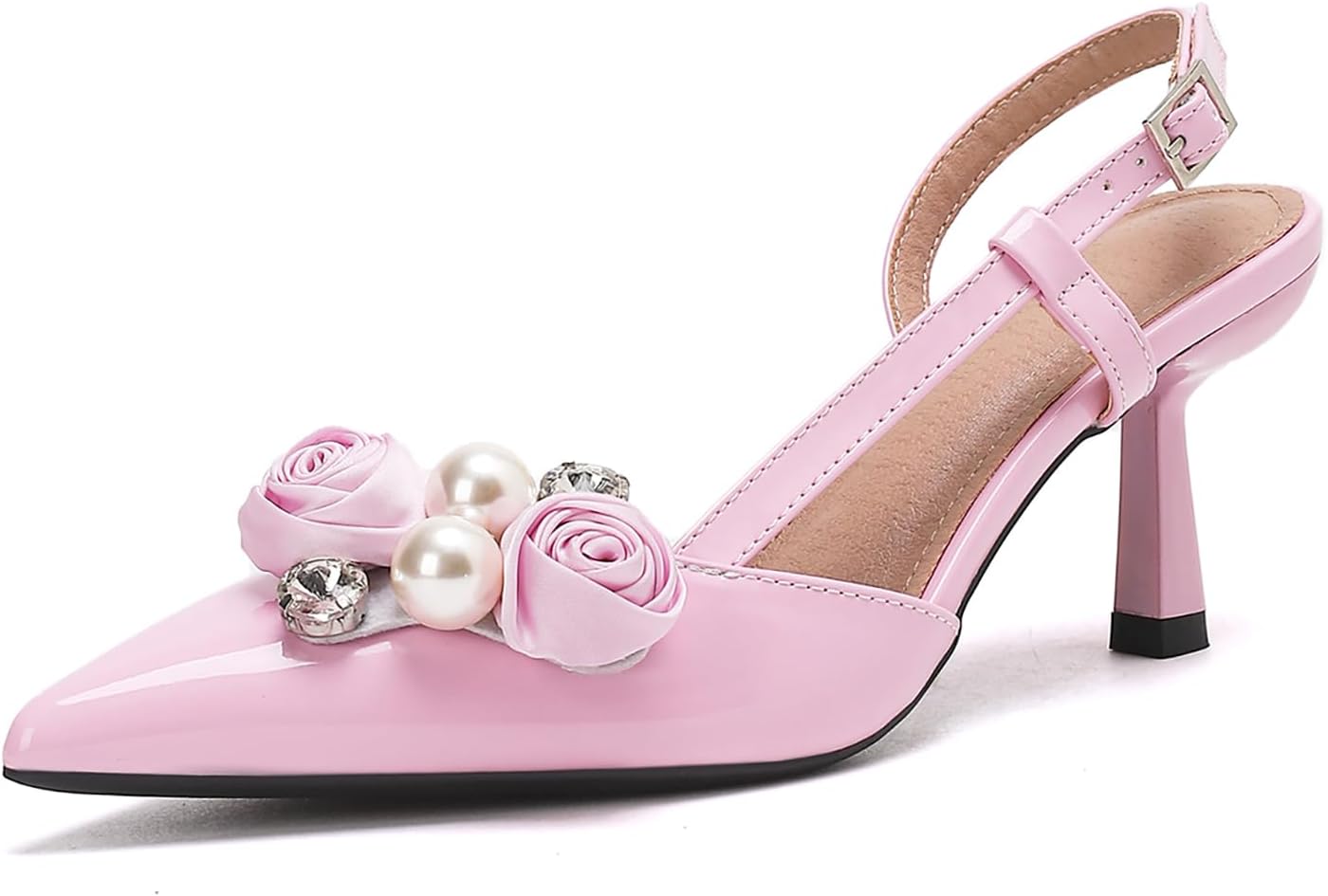 getmorebeauty Women's Slingback Kitten Heels Pearl Flower Pumps Buckle Strap Closed Pointed Toe Wedding Party Dress Sandals Shoes