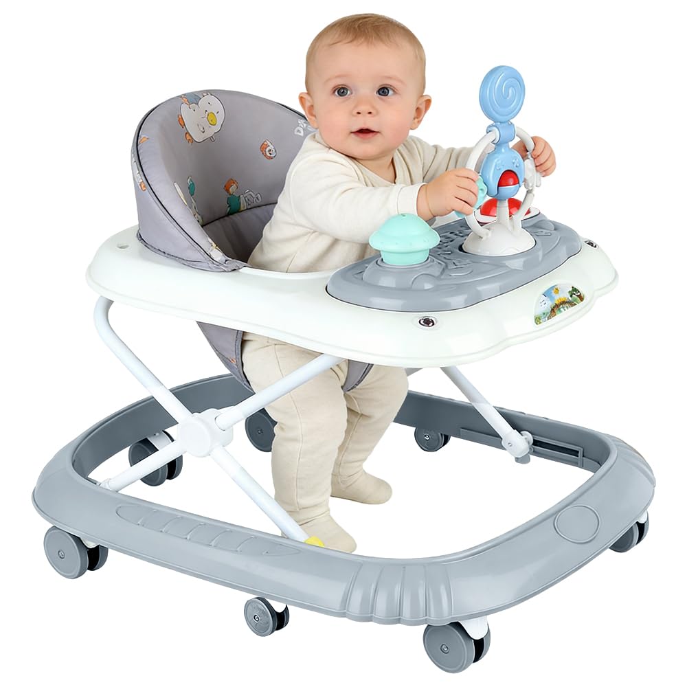 Girello pieghevole per bambini, girello per bambini, con vassoio di attività musicali rimovibile, stazione di gioco elettronica rimovibile con luci e melodie, altezza regolabile (grigio)