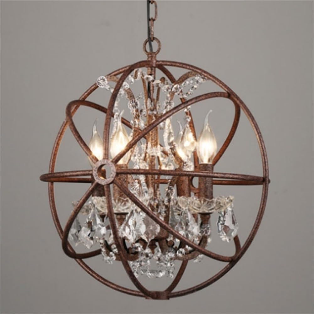 BLOOHK Rustic Globe Crystal Chandelier, Vintage Metal Orb Pendant Light
