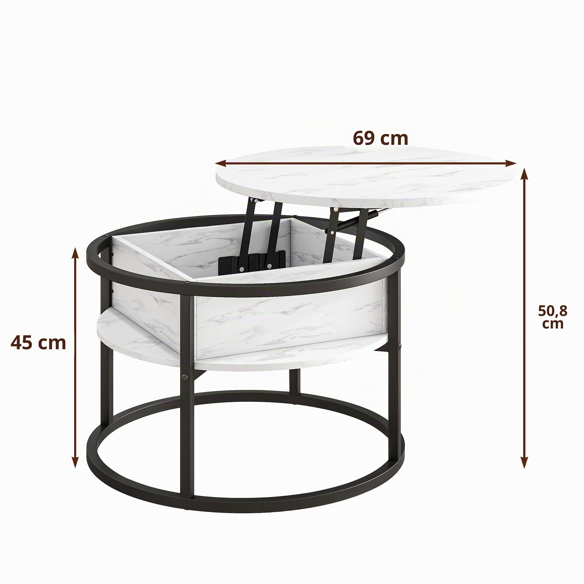 HOJINLINERO Table basse ronde, table basse à plateau relevable pour salon, table en bois avec rangement caché et plateau relevable, table centrale moderne pour canapé, meubles de salon, blanc