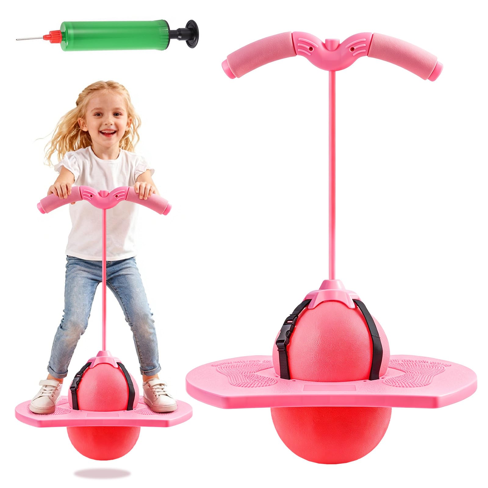 Pogo Jumper with Handle and Ball Pump, Balance Jumping Ball for Kids Teens Adults,Pogo Balls Bouncing Balls with Handle, Pogo Stick Bounce Ball Jump Toy with Non-Slip Foot Pads, Indoor Outdoor (Pink)