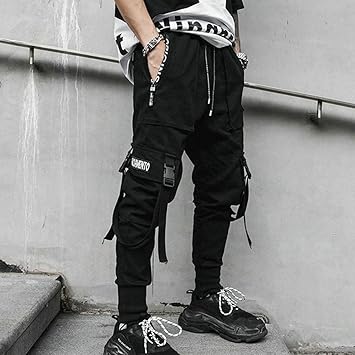 Amazon Co Jp レディースヒップホップパンクパンツ ヒップホップジョガーズ男性ブラックハーレムパンツマルチポケットリボン男スウェットパンツ ストリートウェアカジュアルメンズパンツ Color Black Size L ファッション