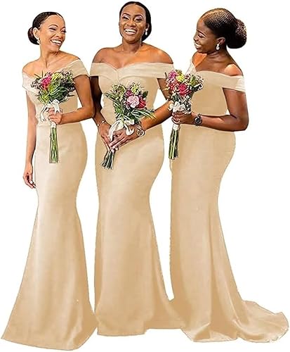 Vestidos de dama de honor de sirena con hombros descubiertos para boda, vestidos de noche formales de satén, vestido de fiesta ajustado con cola