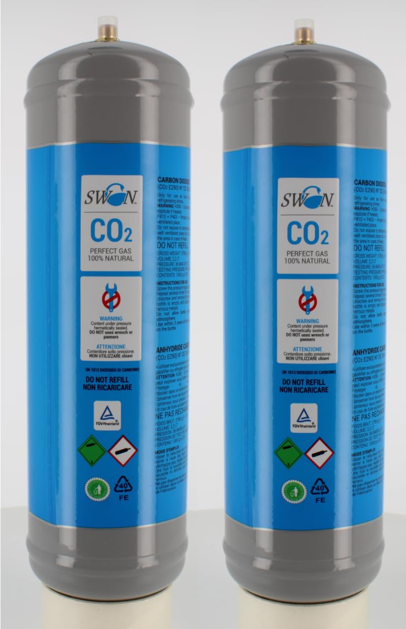 Swan Bouteille Co2 1200 g jetable raccord M11 x 1 Bouteille Gaz pour distributeurs d'eau gazeuse 2 bouteilles
