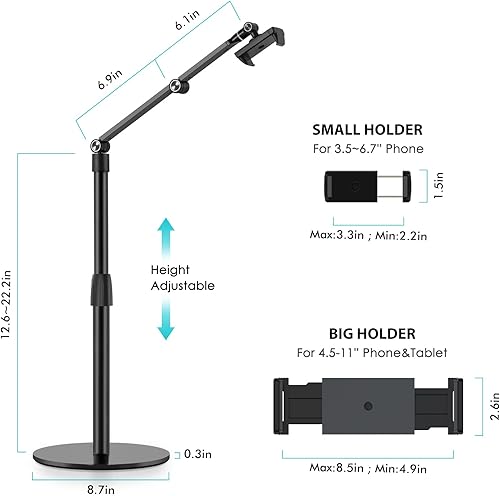 Miniatura 4 de Viozon Soporte superior para teléfono tableta, altura y ángulo de 360 grados ajustable, soporte de escritorio de aluminio, compatible con teléfono