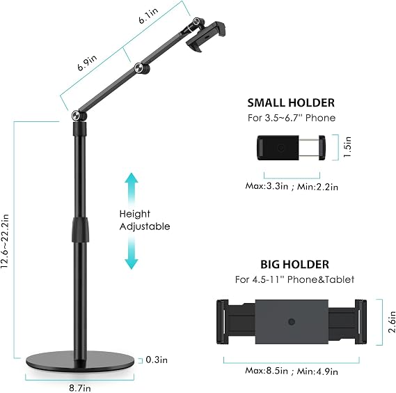 viozon Tablet Phone Overhead Stand، Height & amp؛ زاوية 360 درجة قابلة للتعديل ، حامل سطح مكتب من الألومنيوم ، متوافق مع 3.5-11 & quot ؛ هاتف محمول أو جهاز لوحي مثل iPhone iPad Pro Air Mini و Samsung, Nexus (AP-4P-B)