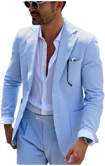 Men Seersucker Suit Blue Striped Leisure Blazer Pant Groom Tuxedo Prom Business Wedding Wear Beach Casul Suit
