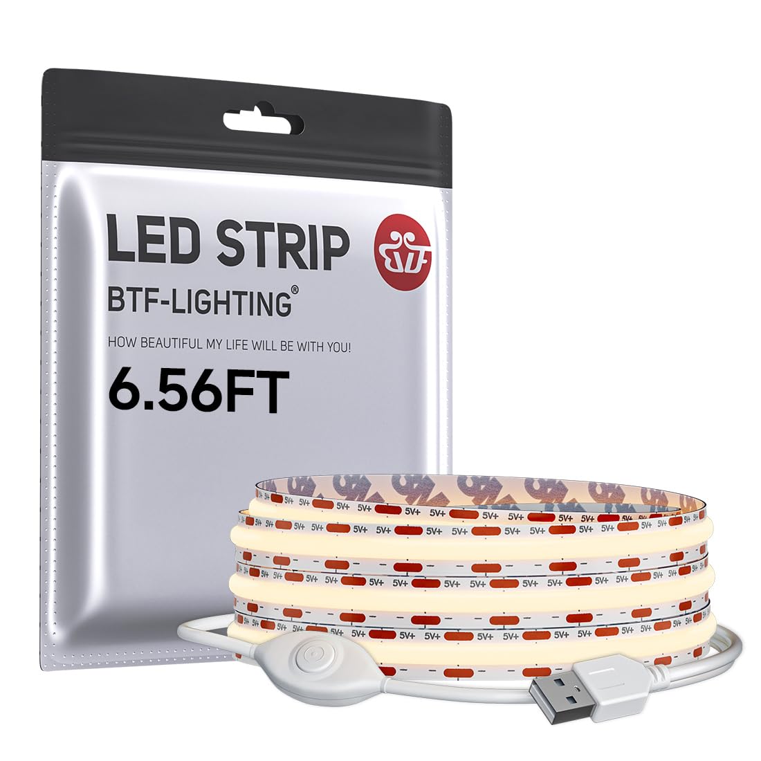 BTF-LIGHTING FCOB COB LED Strip Lights 5V USB Powered Warm White 3000K