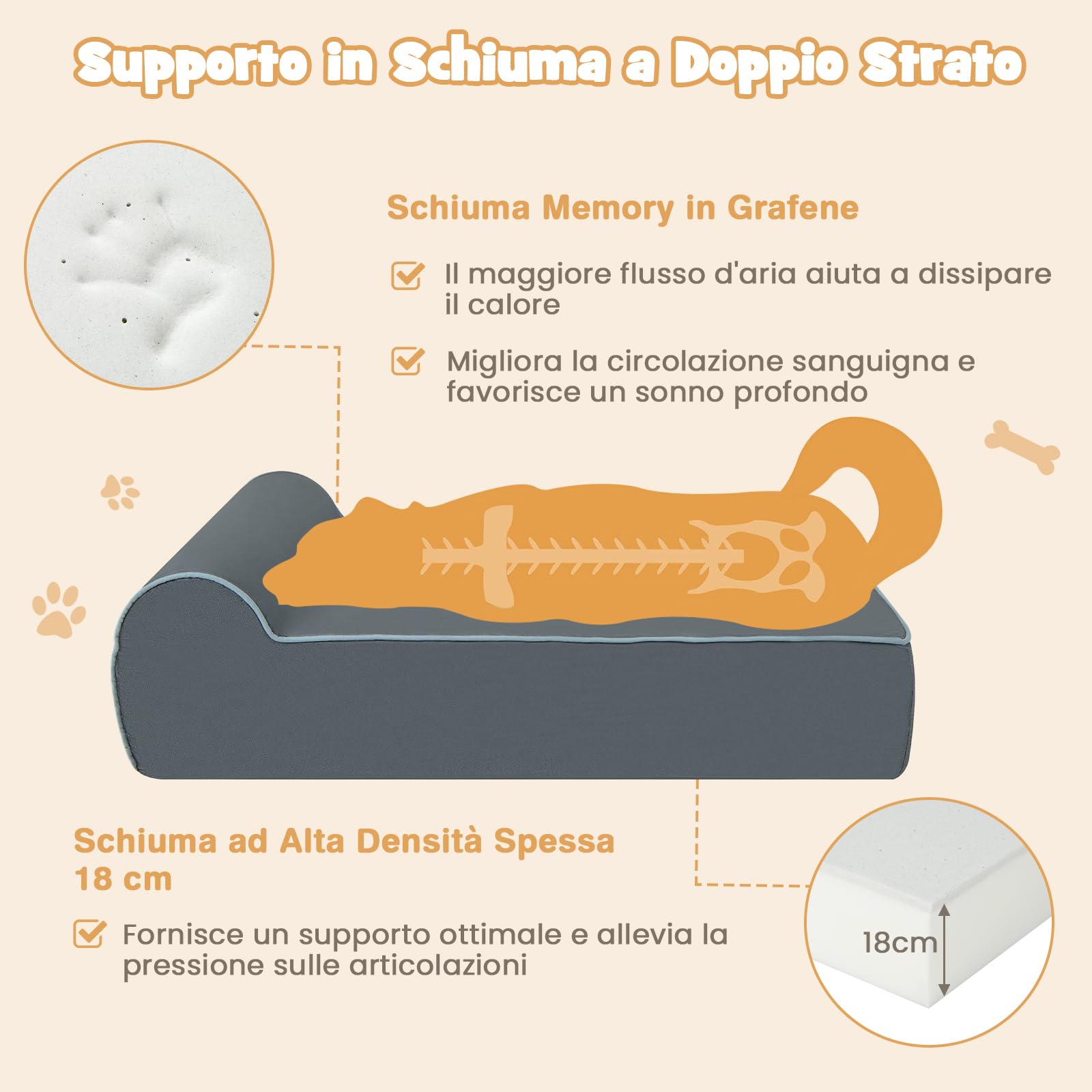 COSTWAY Letto Ortopedico per Cani Grandi, Lettino per Animali Domestici in Schiuma di Memoria con Poggiatesta, Copertura Rimovibile e Lavabile e Fondo Antiscivolo per Cani Anziani con Artrite