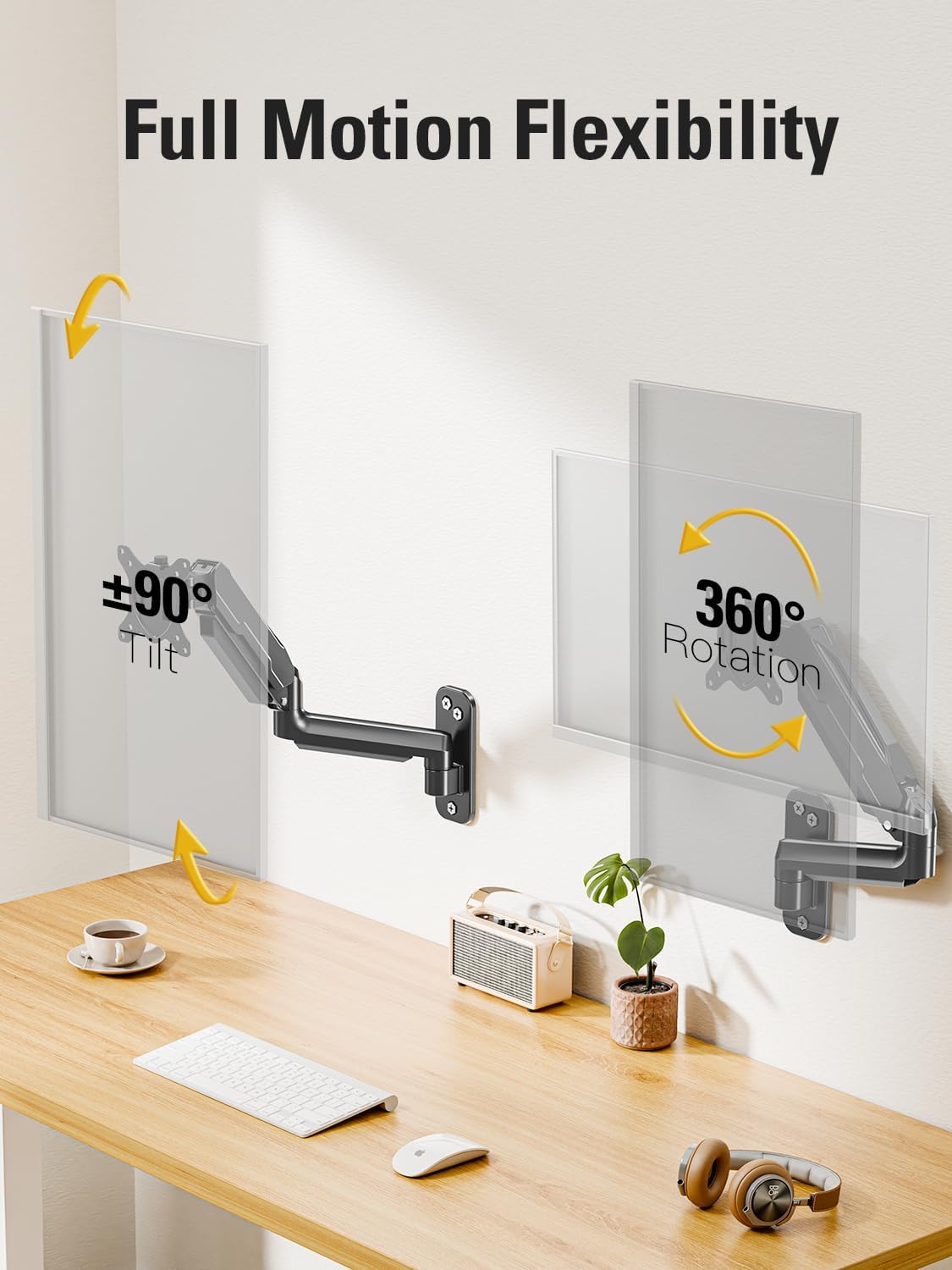 Single Monitor Wall Mount for 13-32" Computer Screens, Gas Spring Monitor Arm Holds Up to 19.8 lbs, Full Motion Height Adjustable Wall Bracket, 75x75/100x100mm VESA Mount, XD7001