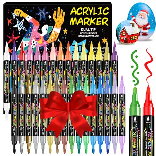 WINSONS 30 Colors Dual Tip Acrylic Paint Markers Pens- Premium Acrylic Paint Markers, Brush & Round Tips, Quick-Drying - for Rock, Canvas, Ceramic, Wood (30 Colors)
