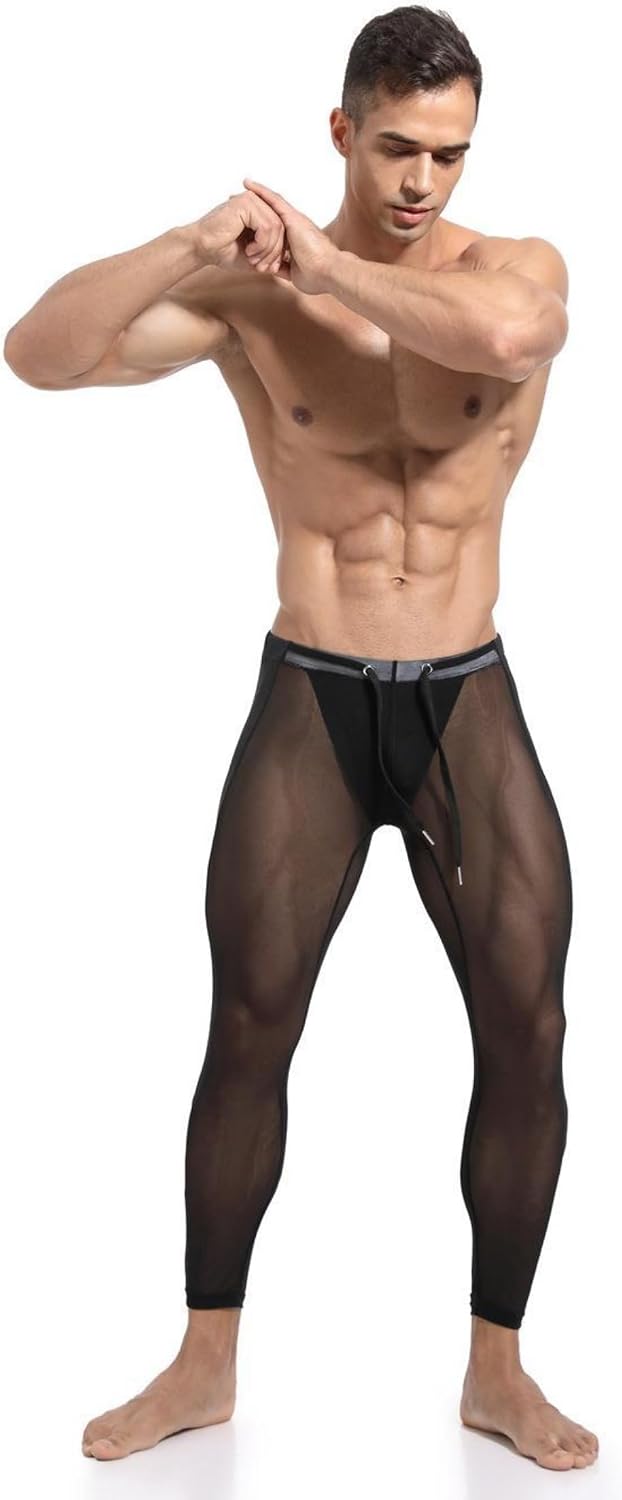 Men's Compression Leggings Pants Elastic Mesh Transparent Sheer Tight Seven-Point Pant Sports Sweatpants