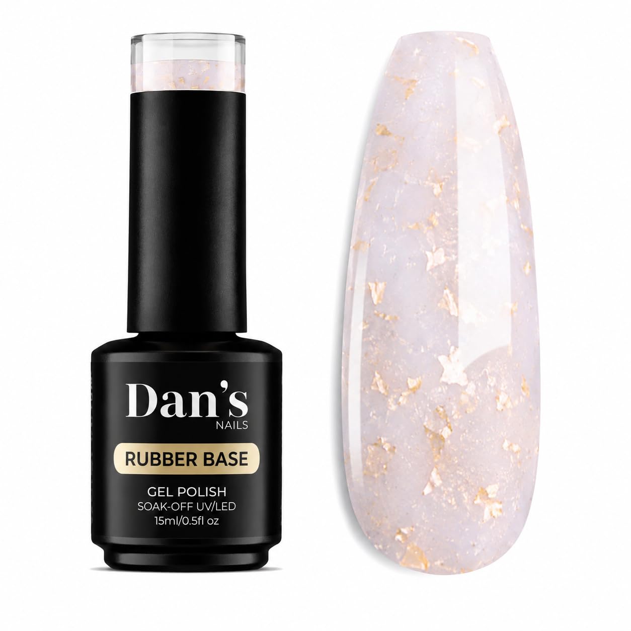 Dan's Nails Milky White Rubber Base Gel with Gold Glitter Flakes, Medium Viscosity Self-Leveling Base Coat for Natural Nails, UV/LED Soak-Off Gel, 15ml