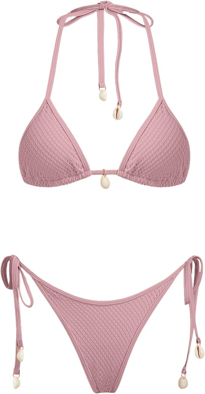 VOLAFA Women's Triangle Bikini Set Multiway Fishnet Tie Side Halter String Solid Cheeky Two Piece Swimsuit Bathing Suit