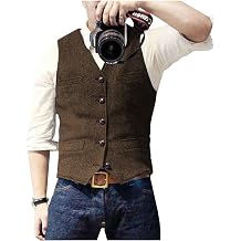 Mens Suit Vest Waistcoat Tweed Retro V Neck Wool Herringbone for Prom
