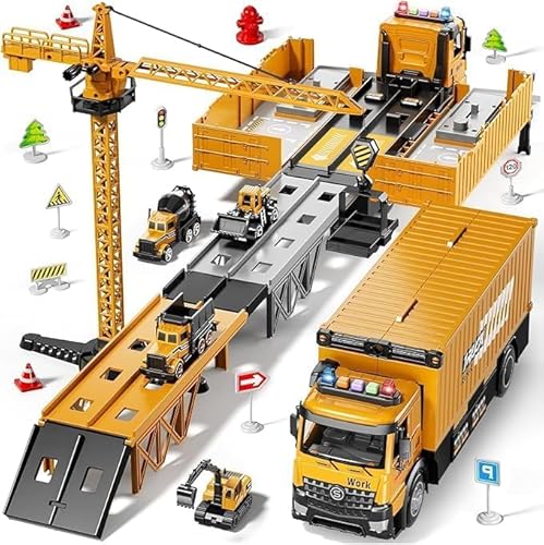 Construction Site Toy Set with Tower Crane, Toy Truck Transport Car Truck with Tower Crane Light Sound, Truck Car Toys Gifts for Age 3-8 Years Old Boys Girls