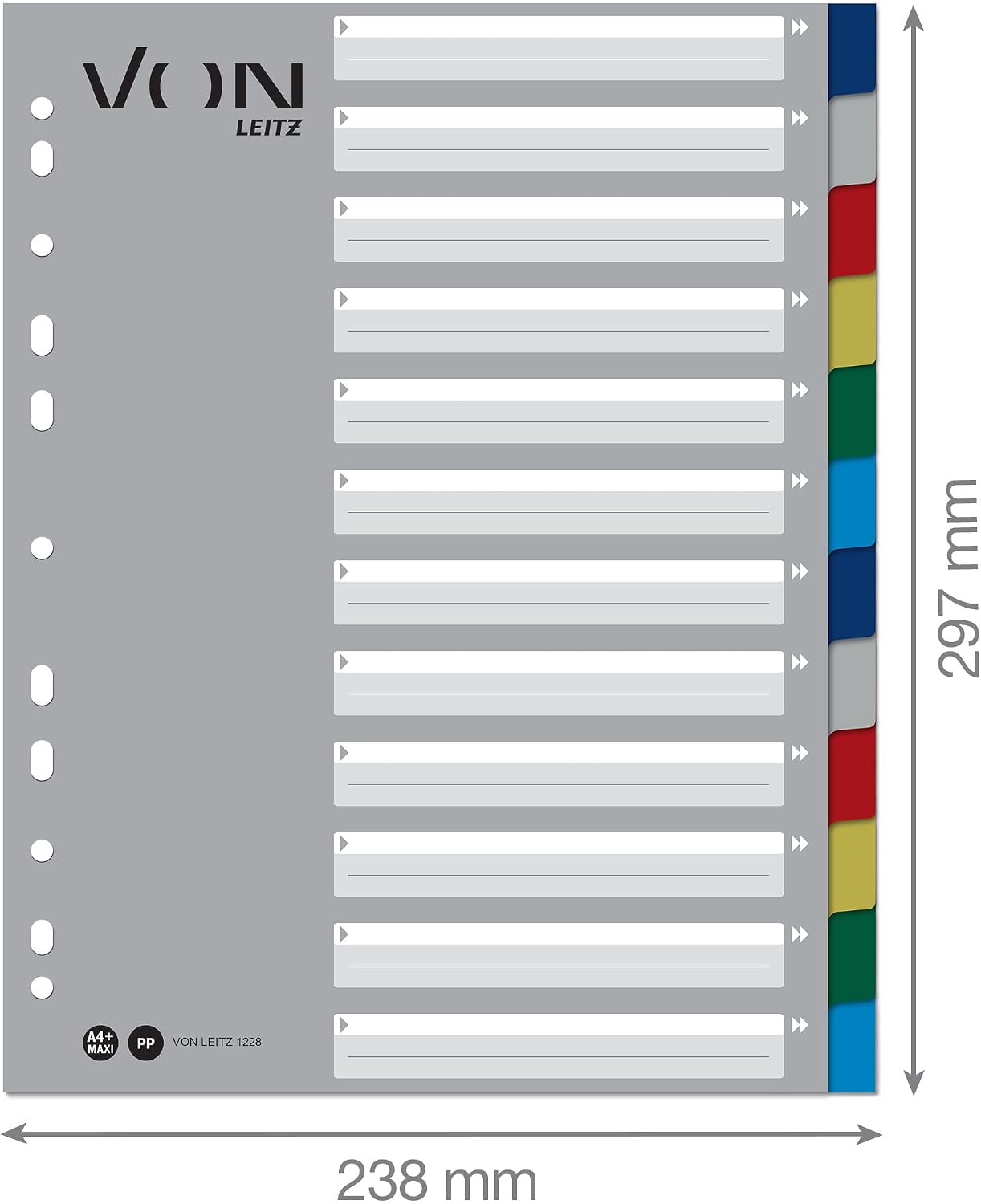 VON Leitz 12280000 A4 Index Pages, 12 Blank Dividers for Folders, Polypropylene, Extra Wide, 11-Hole Universal Index for File Binders and Ring Binders, Multi-Colour, 12280000