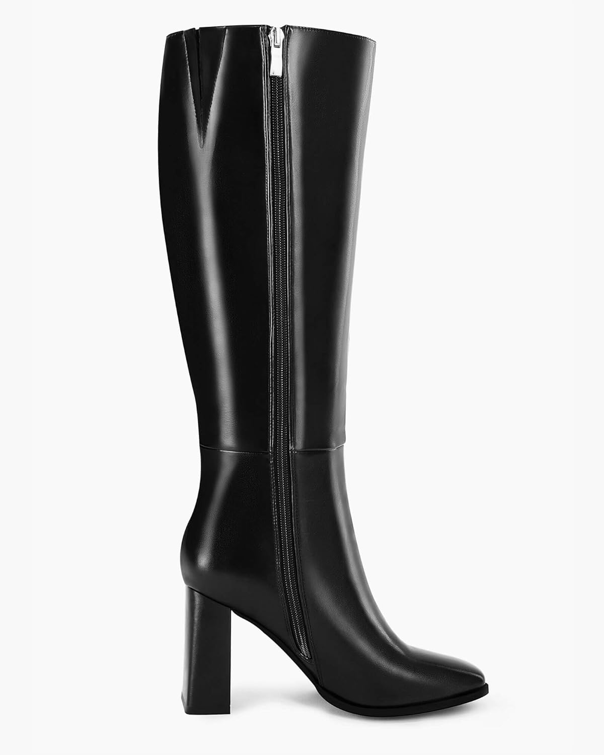 Coutgo Womens Wide Calf Knee High Boots Chunky High Heel Square Toe Fashion Leather Shoes with Side Zipper