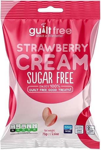 Guiltfree Sugar Free Strawberry Cream Sweets Retro Classic Sweet Hard Boiled Hard Sweets | for Diabetic Gift Hamper Basket Available - Perfect for Gifting | 1 x 75g Resealable Pack
