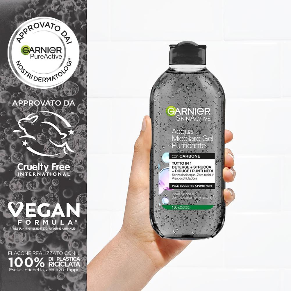 Garnier SkinActive Acqua Micellare Gel Purificante con Carbone, Detergente e Opacizzante, Per Tutti i Tipi di Pelle, Senza Risciacquo, Formula Vegana, 400 ml