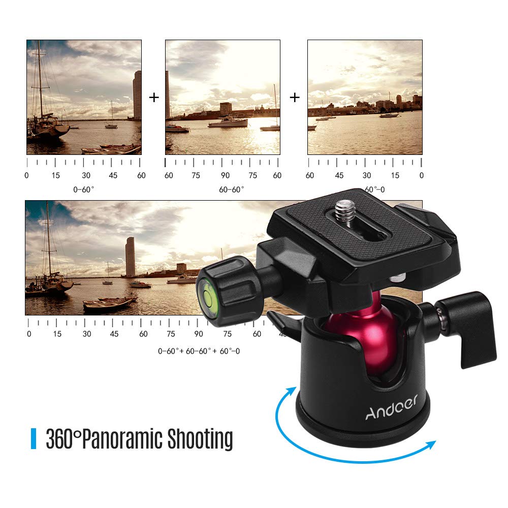 Andoer Mini statyw stołowy z panoramiczną głowicą kulową, głowicą kulową, płytką szybkozłączną, poziomica, śruba 1/4 cala, do GoPro Hero 6/5/4/3+ do Yi Lite 4K