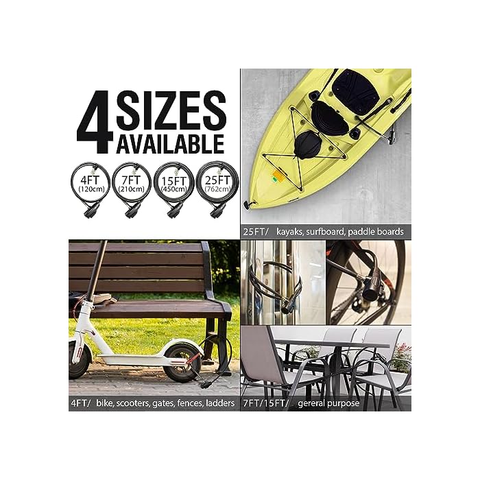 Marque Bike Lock with Key 3/8 (4Ft, 7Ft, 15Ft, 25Ft) Straight Cable Locks with Keys, Anti-Theft Security Cable for Bicycles, Scooters, Kayaks, Paddle Boards, Gates - Image 7