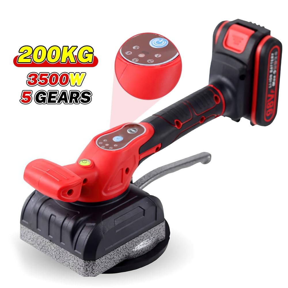 Machine à carrelage vibrante 21V, Machine à carreler Rechargeable à 5 vitesses, Manuel Machine à Carrelage Ventouse Carrelage Electrique pour Sol Carrelage mur (Rouge)