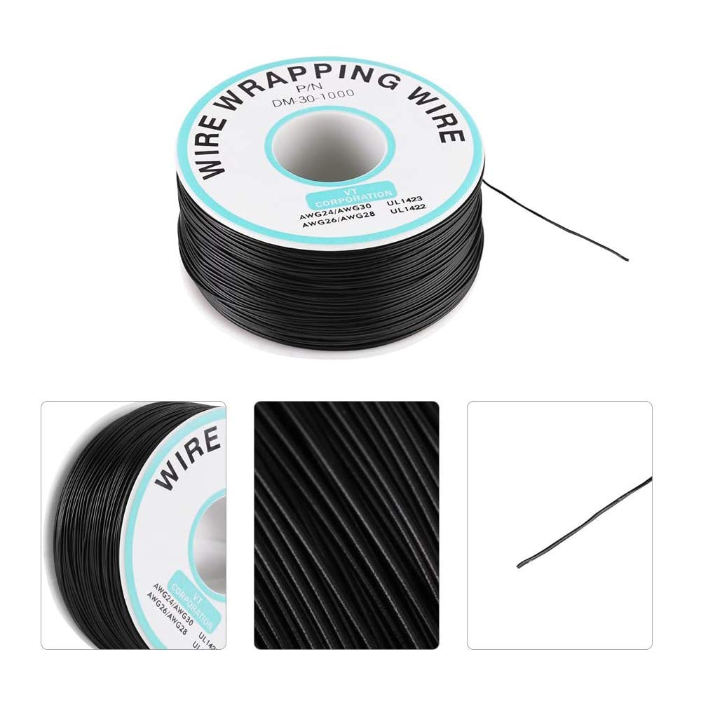 Cable Electrónico 30 AWG, 250 Mts (820 Pies) Rollo, Diámetro Núcleo 0,25mm (0,01 pulg.), Hilo Cobre para Soldadura PCB (Negro, Rojo, 250m/Rol, 2 Rollos)