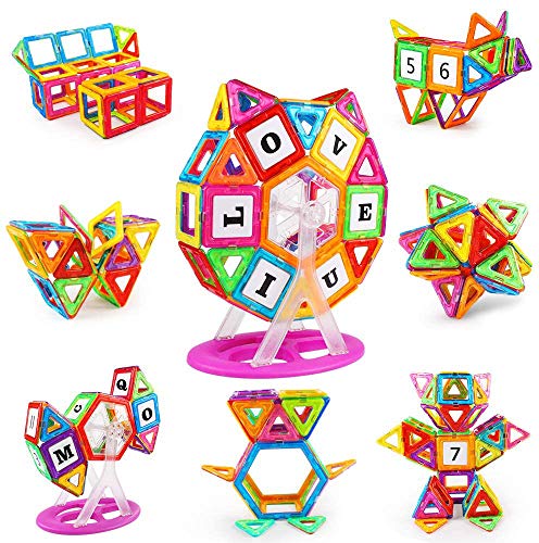 AMOSTING Bloques magnéticos Juguetes para niños pequeños, Azulejos de construcción educativa Regalos para niños y niñas 101 Piezas con números de Rueda de la Fortuna y Letras del Alfabeto