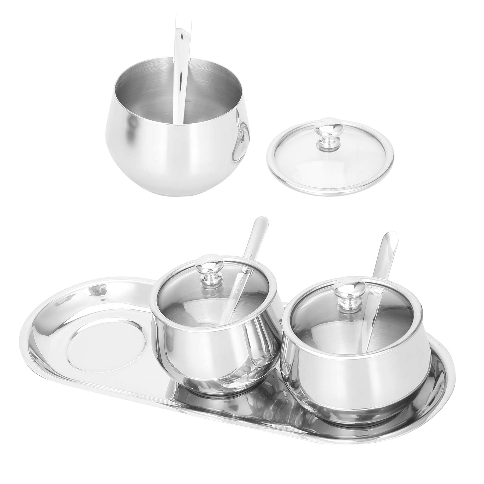 Zuckerdose Aus Edelstahl, Multifunktionaler Zuckerbehälter Gewürzbehälter Gewürzdose Edelstahl Zuckertopf Set Mit Deckel Transparent Und Zucker Löffel Tablett Aufbewahrungsorganisation Für Küche