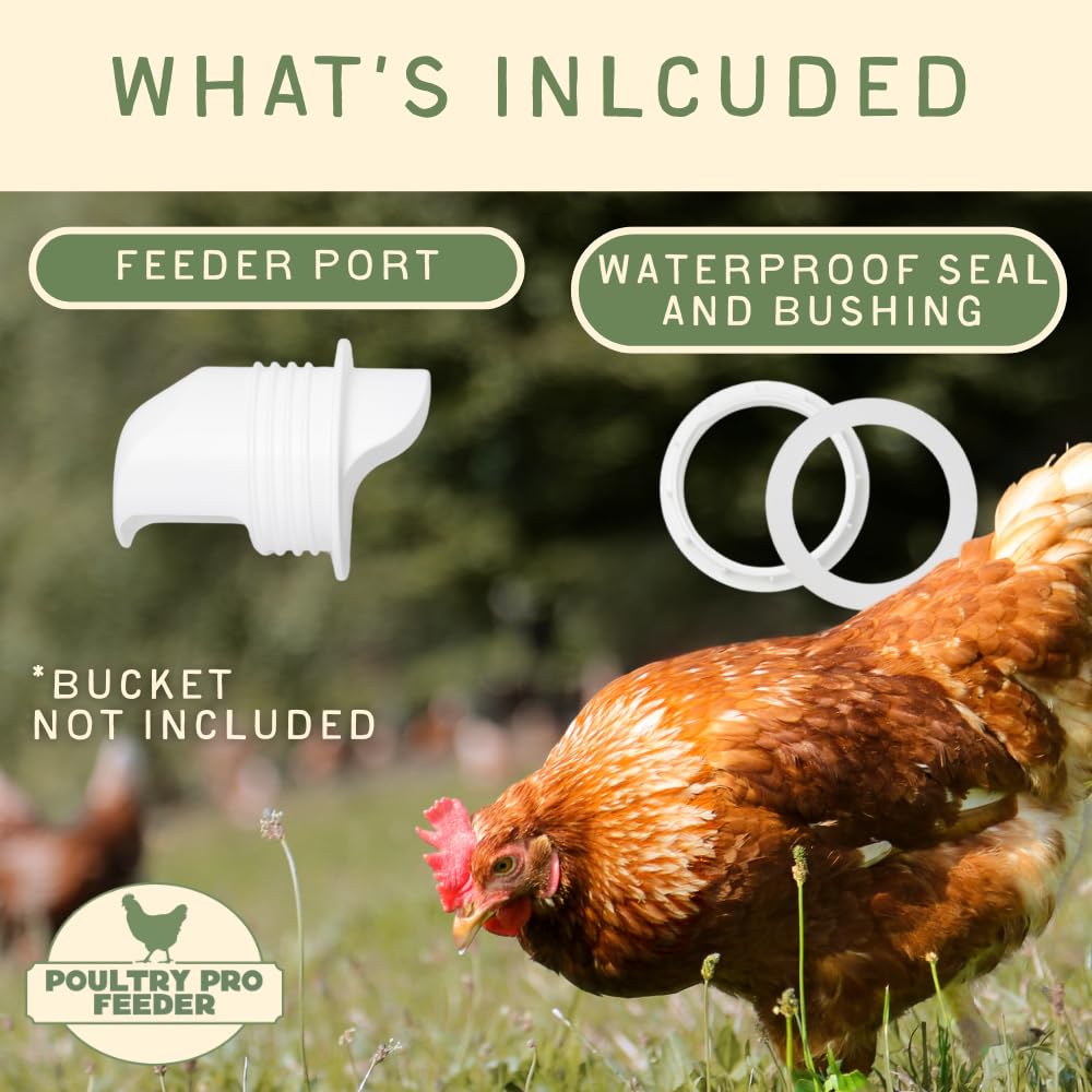 Poultry Pro Feeder Podajnik do kurczaków z PCW, grawitacyjny, pojedynczy, do wiader, beczek, pojemników, koryt, odporny na deszcz, warunki atmosferyczne, bez odpadów