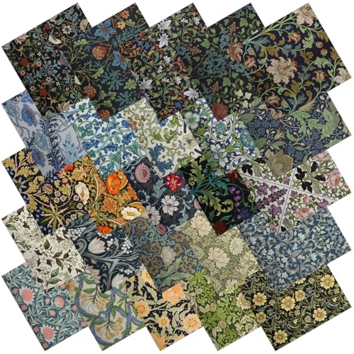 25 Pcs William Morris Flower Quilting Fabric Scraps, 10''X10'' Cotton Fabric Squares Vintage Precut Quilt Kits Include Floral Retro Leaf Pattern For Diy Craft Supplies