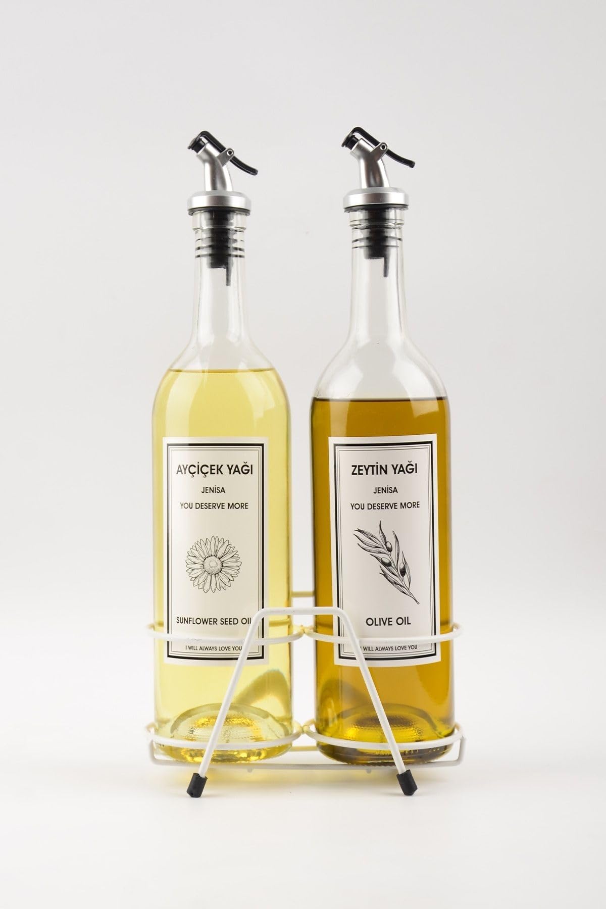 Jenisa Beyaz Standlı Akıtıcılı Şeffaf 750 Ml Beyaz Etiketli Yağlık Yağdanlık