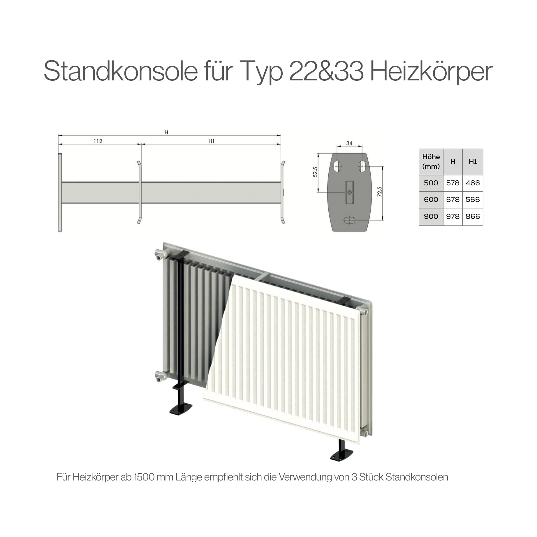 Standkonsole für Höhe: 600mm Heizkörper - Typ 22 & Typ 33 (2 stück set) (600mm)