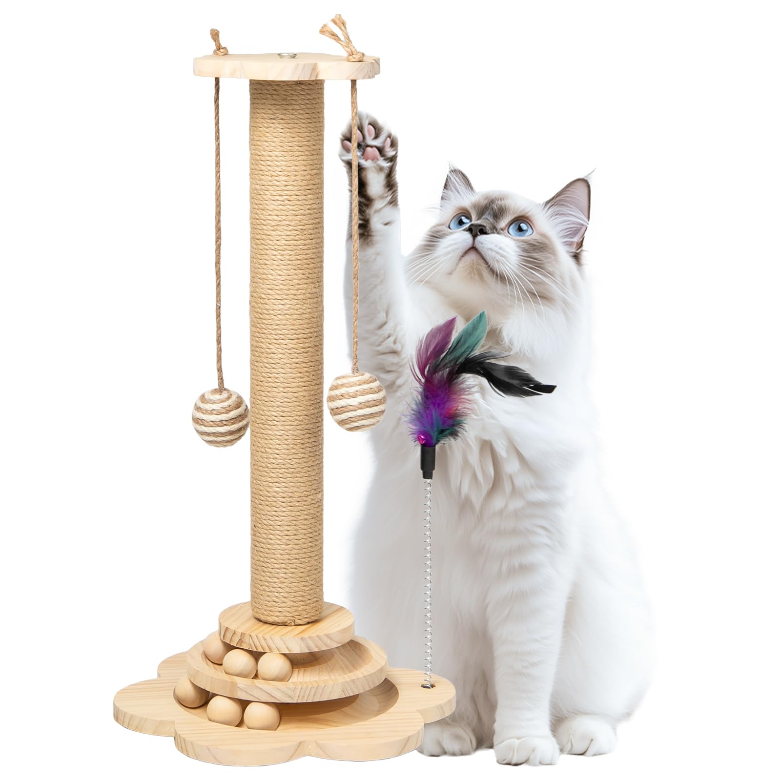4 in 1 Tiragraffi per Gatti in Legno Albero Tiragraffi Gatto Colonna 50 x 25 cm Giocattolo Interattivo per Gatti 4 in 1 con Palline di Legno, Palla Sisal Pendente, Piume