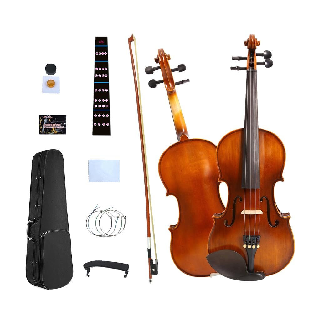 Yinfente Kit de violín acústico 4/4 de tamaño completo, con parte superior de abeto de arce violín, accesorios de ébano para principiantes, estudiantes, adultos con funda dura, arco, cuerdas