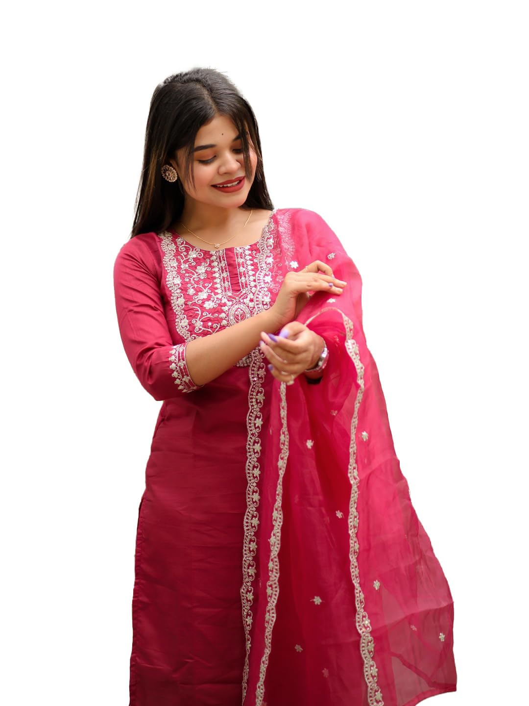 Kurta Set with Dupatta | Embroidered Silk Blend Straight Kurta Pant Set for Women | Women's Ethnic Casual Kurti Set-image-40