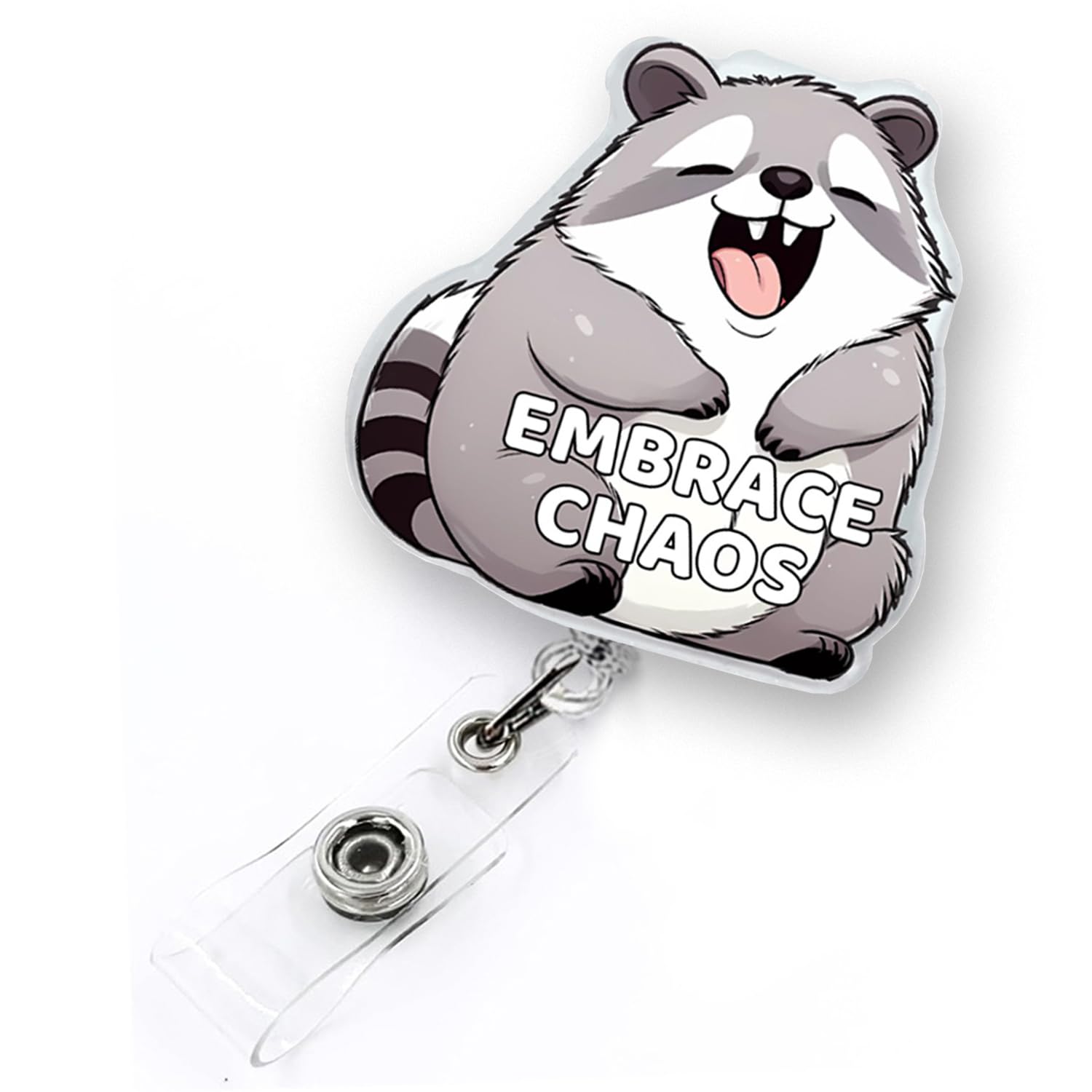 Embrace Chaos Raccoon Badge Reel Retractable, Funny Animal Badge Reel for Nurse Nursing RN CNA LPN Medical Worker & Teacher, Raccoon Lovers ID Badge Holder with Alligator Clip & 24” Durable Nylon Cord