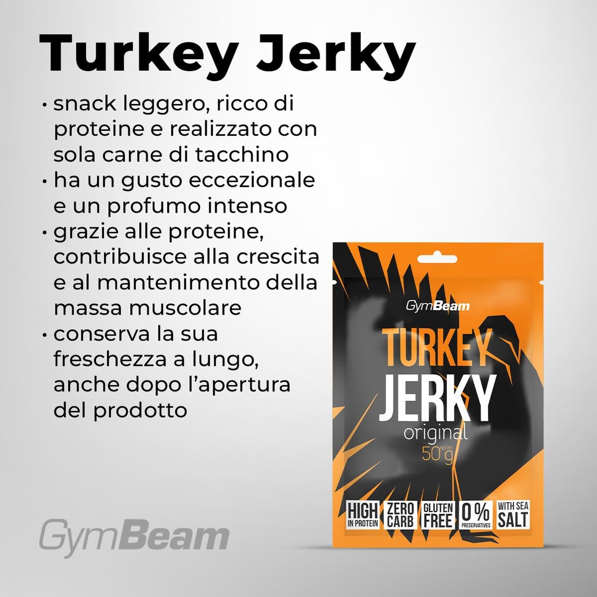 GymBeam Carne Secca di Tacchino, Turkey Jerky 50g, Snack Leggero e Ricco di Proteine, Carne di Tacchino di Alta Qualità, 38,4g di Proteine per Porzione, Gusto Eccezionale, Senza Grassi e Carboidrati - 2