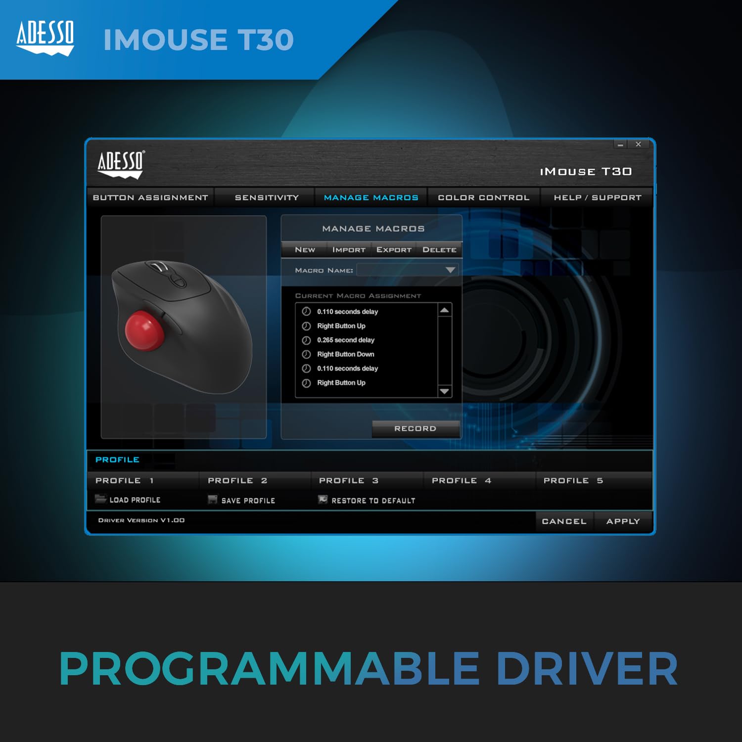 Adesso iMouse T30 - Ratón (mano derecha, Trackball, RF Wireless, 4800 DPI, Negro, Rojo)