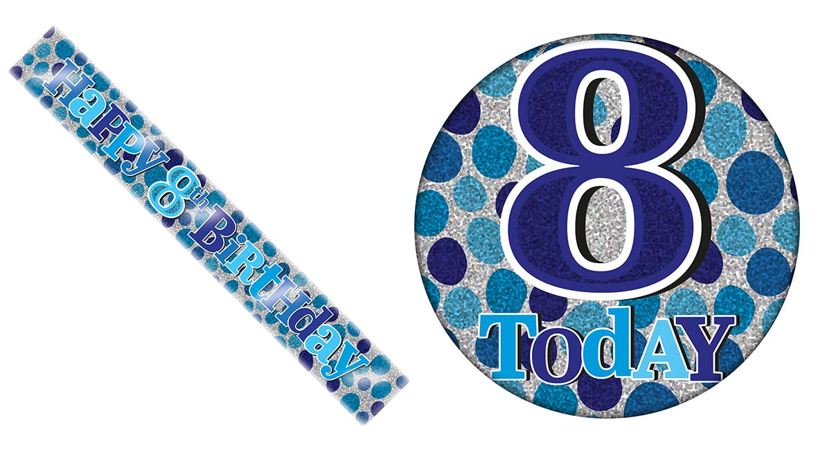 Age 8 Blue And silver Holographic Shiny 8th Birthday Party Kit Set (Banner And Giant Badge)