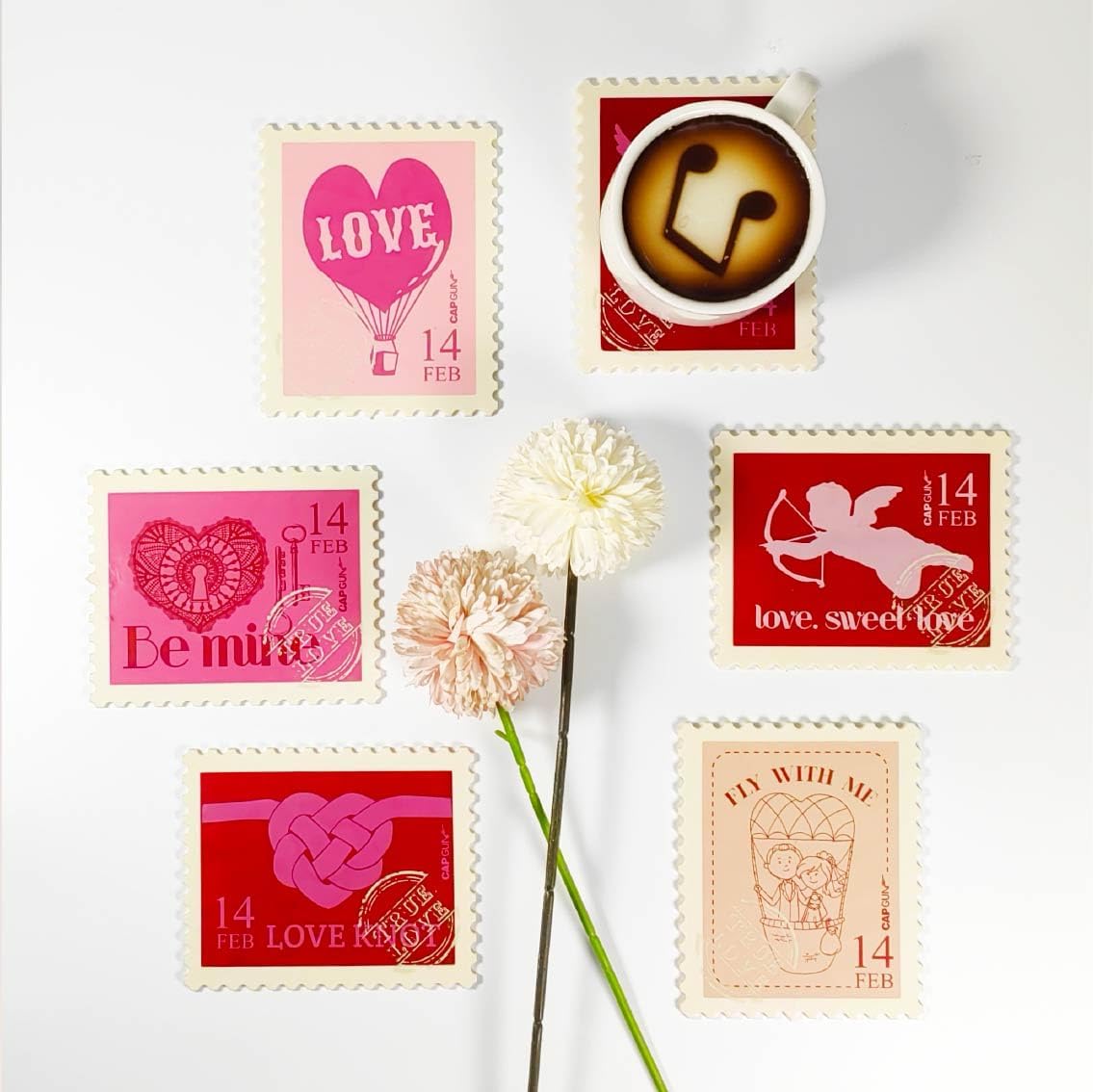 6 Pcs Vintage Stamp Coasters Set in Gift Box - Valentine's Day Gift for Stamp Collectors, Unique Drink Coasters for Home, Bar & Cafe, Romantic Feb 14 Present