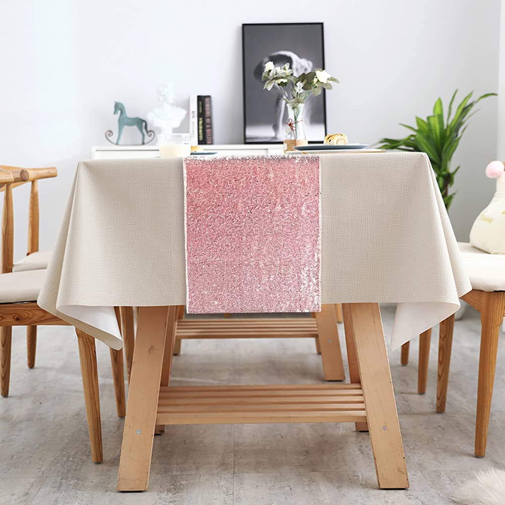 Bieżnik na stół w kolorze różowego złota, 30 x 183 cm, różowe złoto, cekiny, obrus na prostokątne stoły, dekoracje stołu na imprezę, błyszczące pokrowce na stół, na ślub, święta, dekoracje baby shower