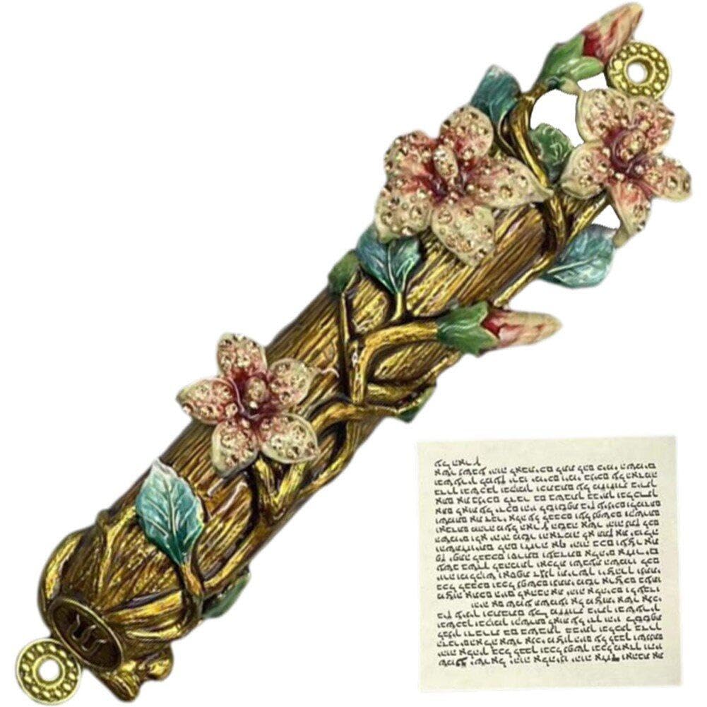 Mezuzá para puerta en metal con diseño de placa floral de estilo mesiánico
