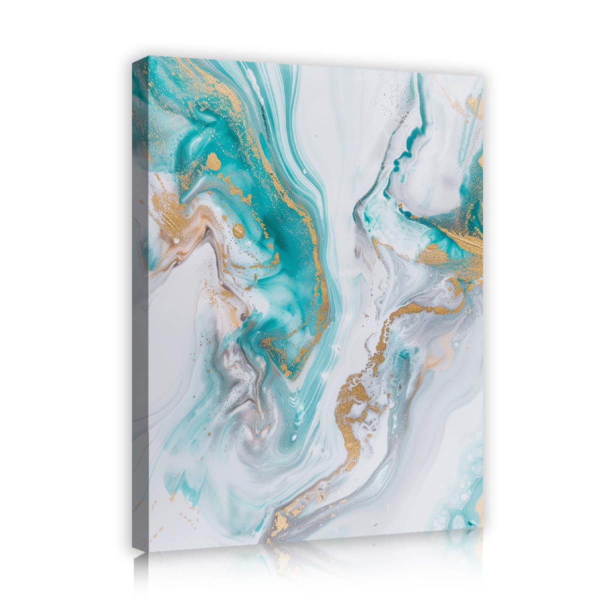 TOANGWALL Abstract Teal Mint Canvas Wall Art Fluid Marble Ink Swirls Modern Gold Color Veins Liquid Texture Pattern Print Framed Mural for Living Room Bedroom Lounge Decor 50x60cm