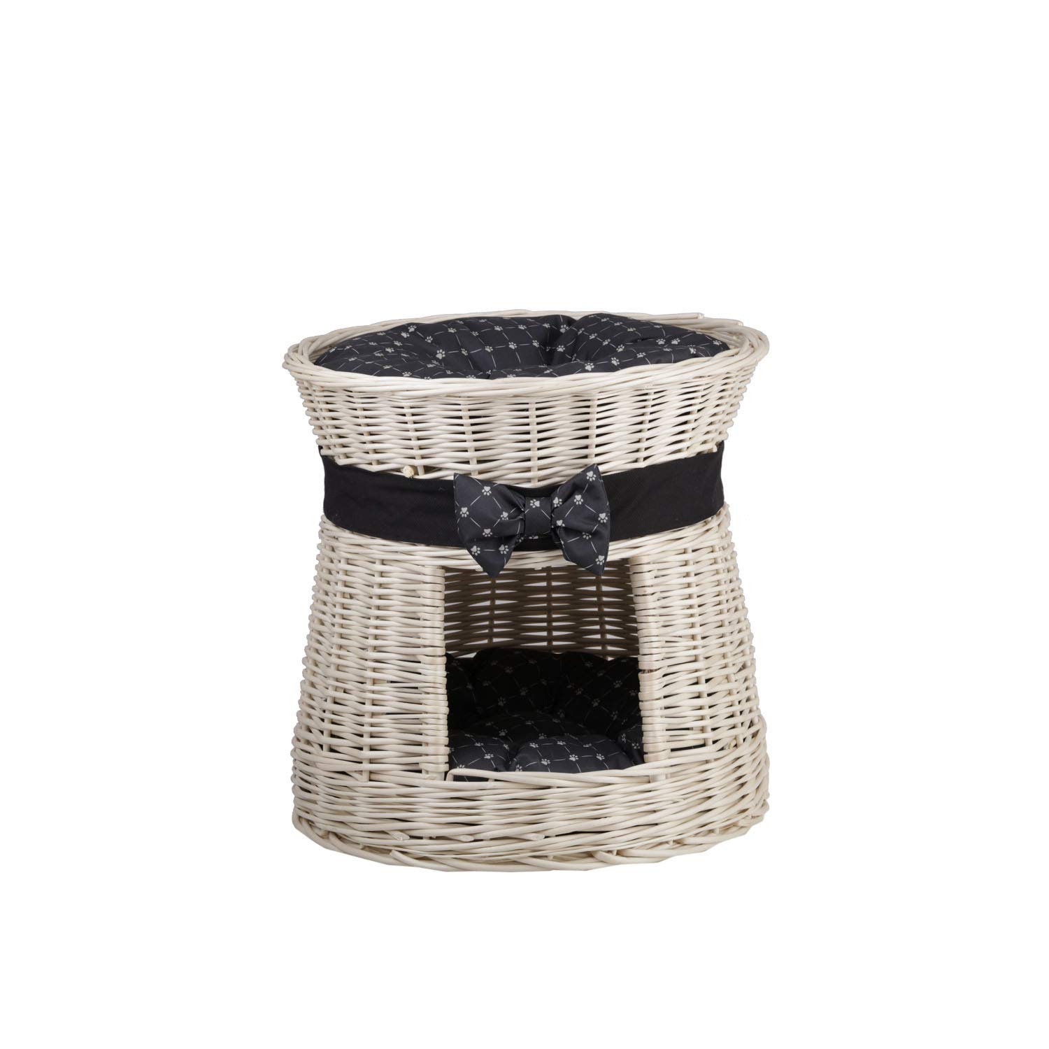 e-wicker24 White Wicker Indoor Igloo Cat Bed Cave Double Cat Bed pet Cave Indoor Cat House with Bed on Top Cosy Cave Bed Cat Sofa Box Wicker Cat Basket with Soft Cushion (Paws Black)